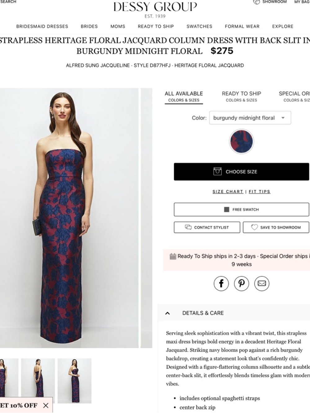 Dessy Group Strapless Burgundy Midnight Floral Jacquard Column Dress